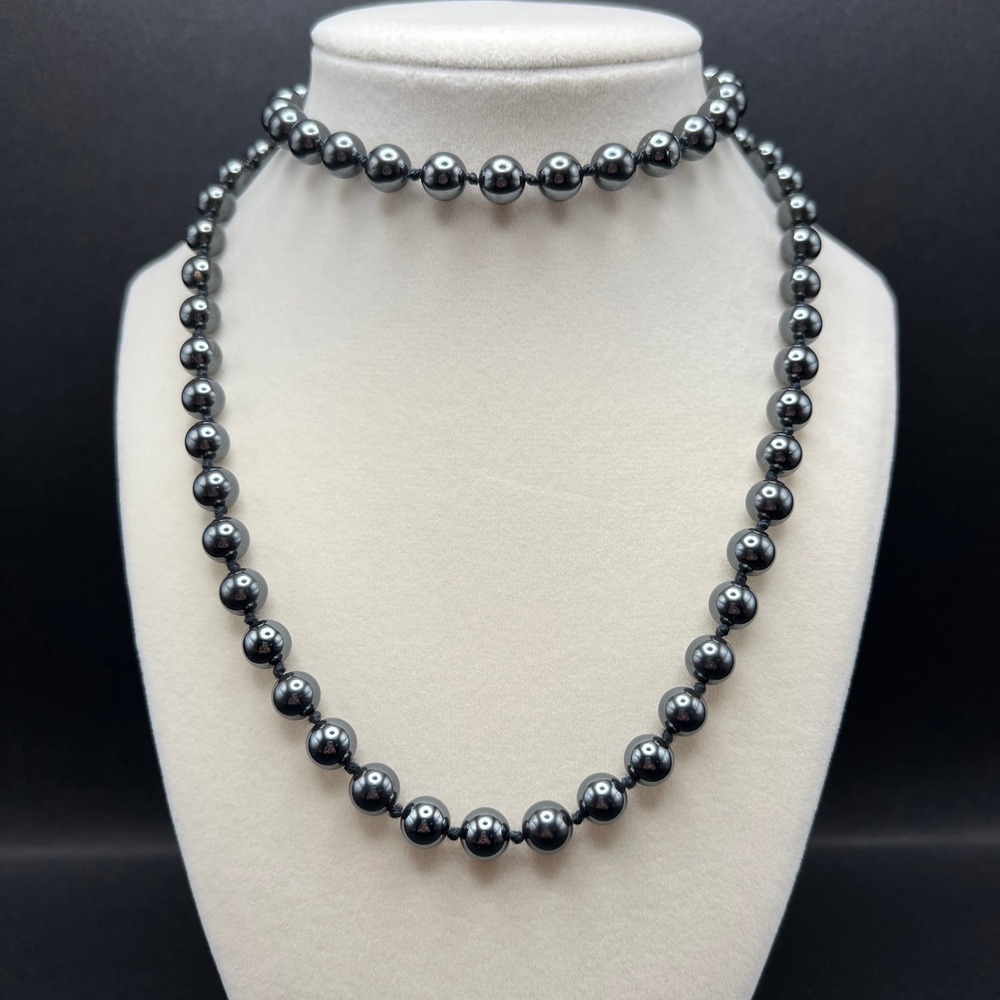 Vintage Hand Knotted Hematite Bead Necklace Non Magnetic Opera Length 29"